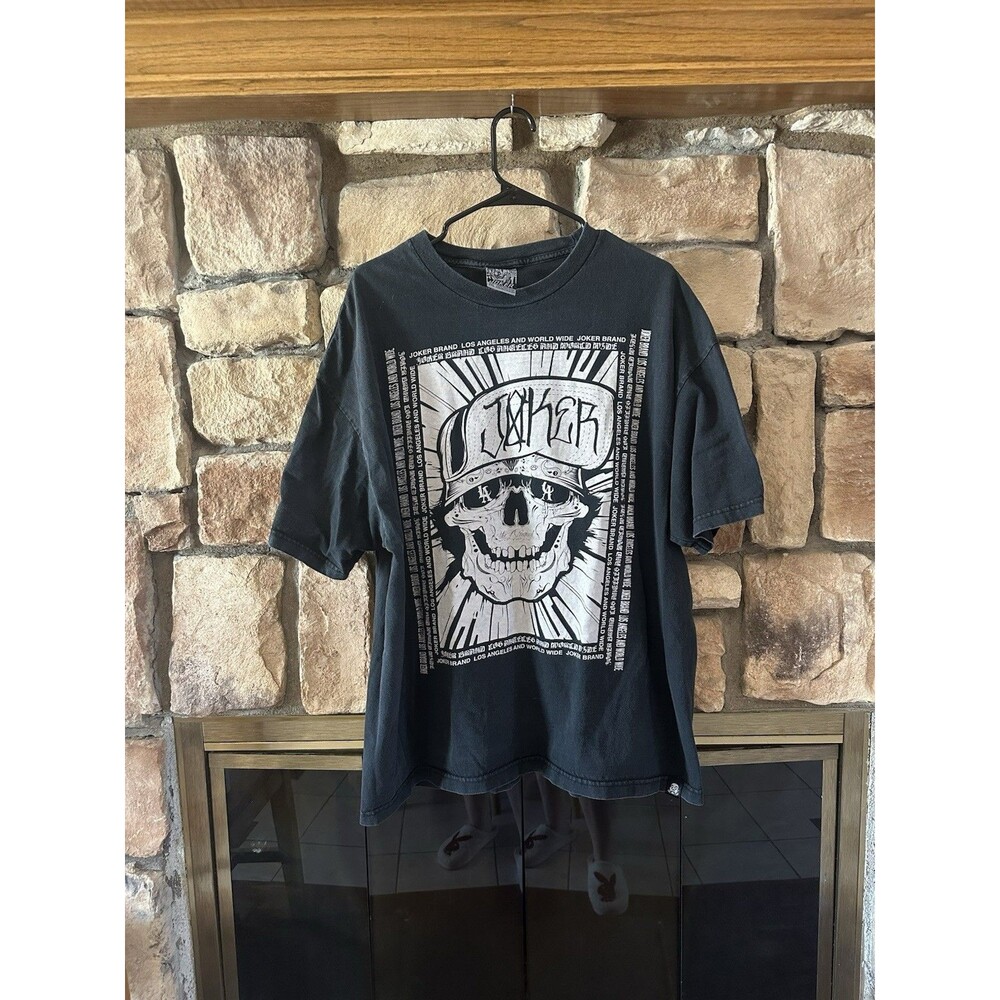 VTG Y2K Joker Brand Los Angeles T Shirt Black Skull Mens 2XL 90s Mister Cartoon